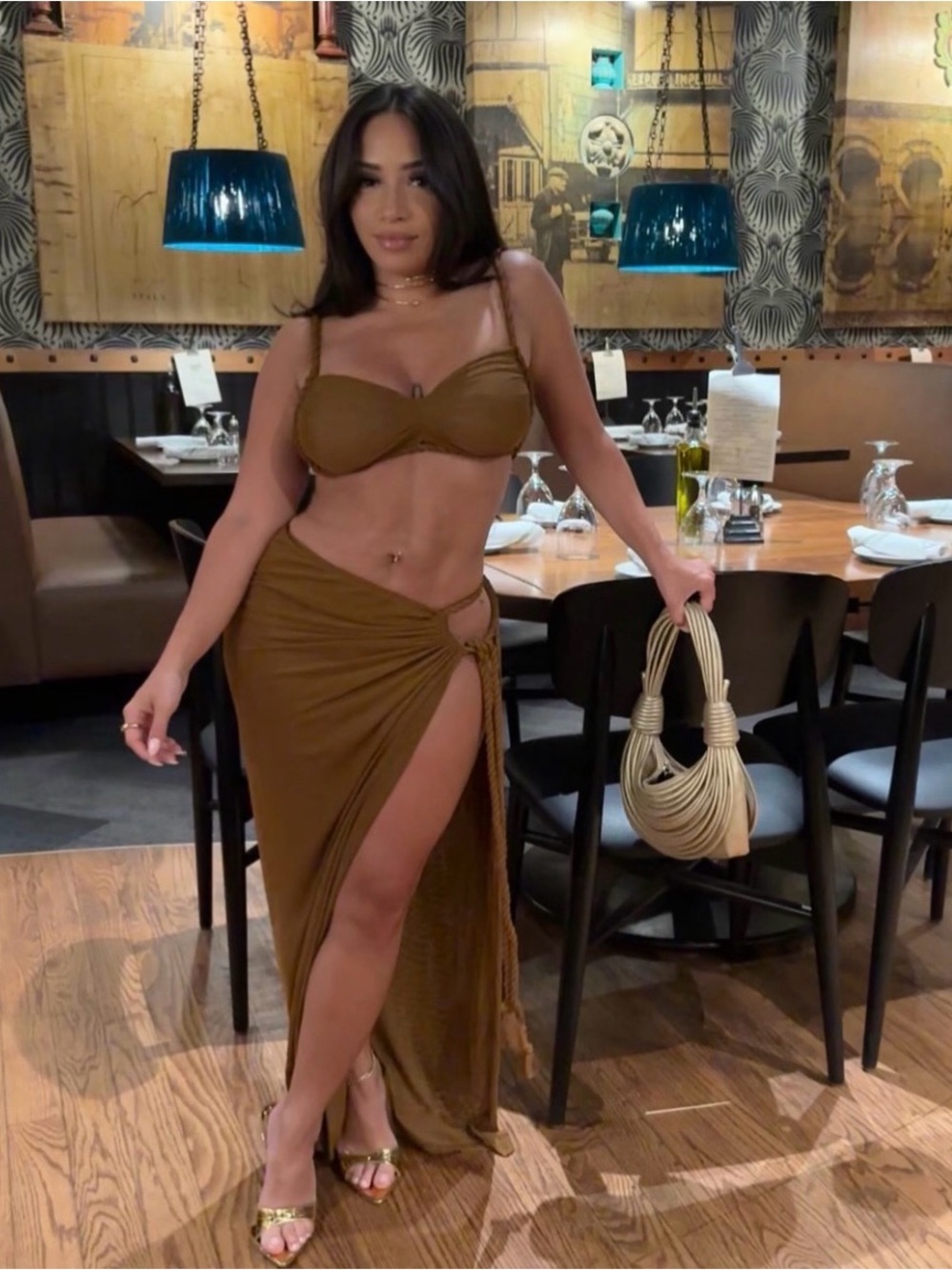 Women's Brown Twist Bandeau & High-Slit Skirt Set